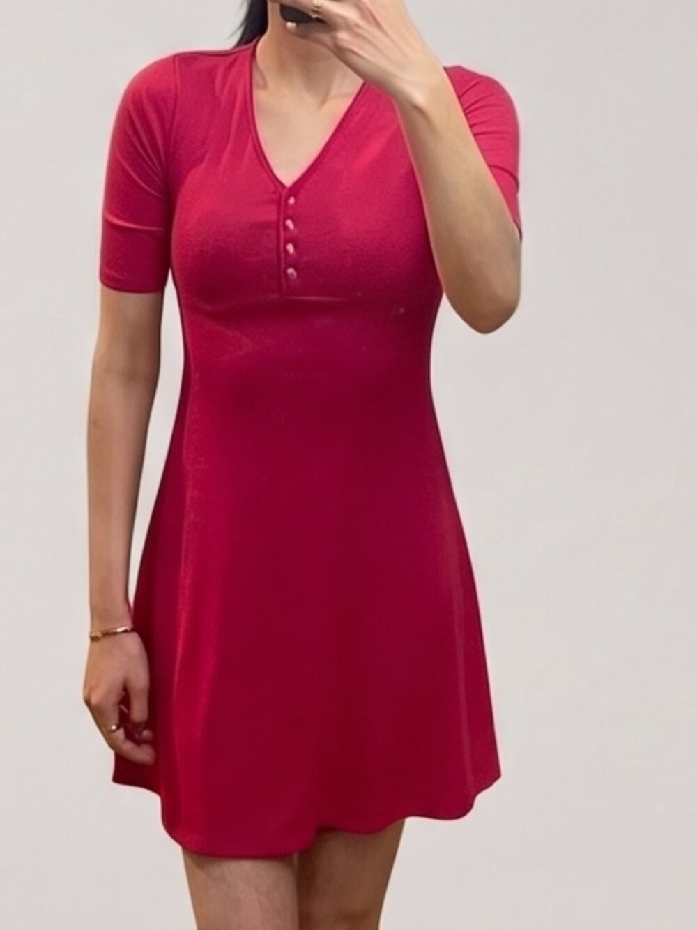 NOVA Women's Ribbed Hot Pink Mini Dress | XS | Henley V-Neck | Stretch Bodycon